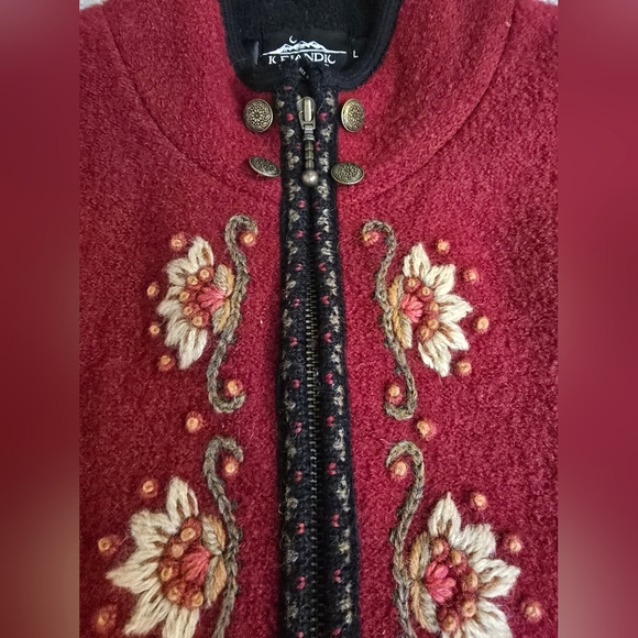 Vintage Icelandic Design Deep Red Boiled Wool Sweater Jacket Embroidered Large - Picture 3 of 10